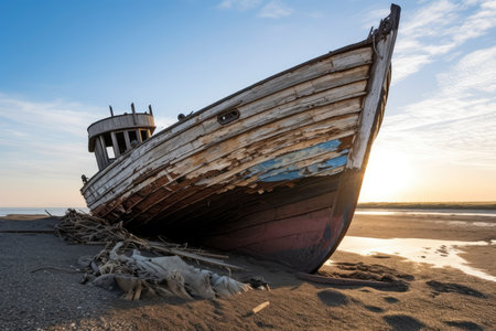 A boat sits serenely on top of a sandy beach, basking in the tranquility of its surroundings.の素材