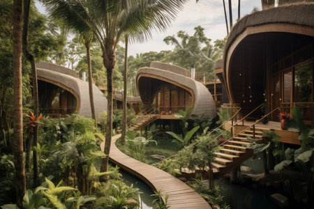 Experience tranquility at this tropical resort featuring a wooden walkway leading to the rooms.の素材