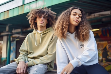A man and a woman are casually sitting on top of a wooden bench in a vibrant city park on a sunny day.の素材