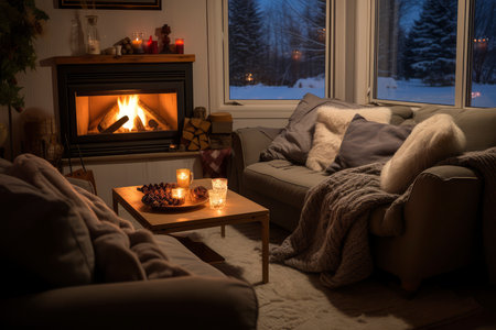 A well-furnished living room with various pieces of furniture and a roaring fireplace.の素材