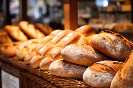 A collection of various types of bread artfully arranged in a basket.の素材