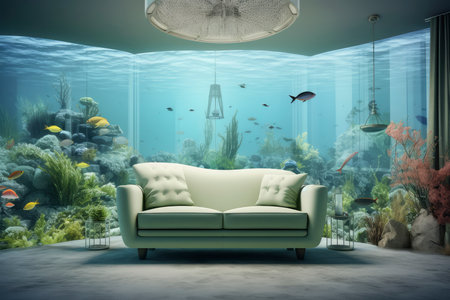A well-lit living room featuring a comfortable couch and a large fish tank.の素材
