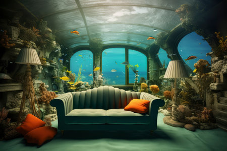 A room featuring a couch positioned in front of a captivating fish tank.の素材