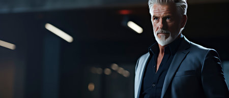 A professional man dressed in a suit and tie stands confidently in a dimly lit room.の素材