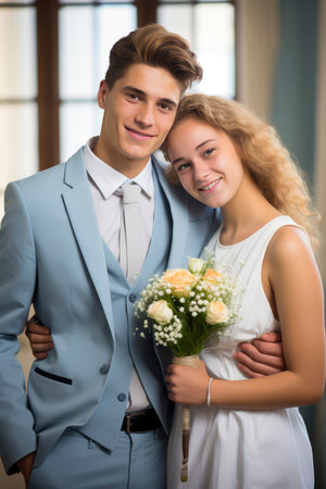 A man dressed in a blue suit stands beside a woman wearing a white dress.の素材