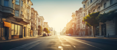 A photo capturing the moment when the sun shines brightly down a bustling city street.の素材