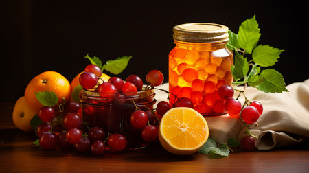 A glass jar filled with sweet jelly is placed alongside a selection of fresh and colorful fruits.の素材