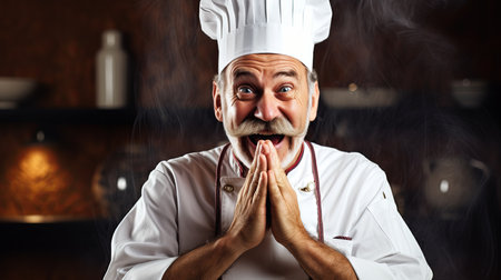 A chef in a professional kitchen is making a funny face by using his hands to stretch and contort his facial features.の素材