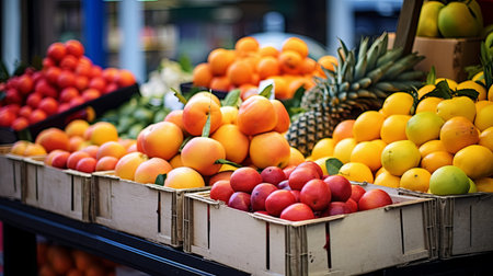 A variety of fresh fruit, including apples, oranges, bananas, and grapes, arranged neatly on a wooden table.の素材