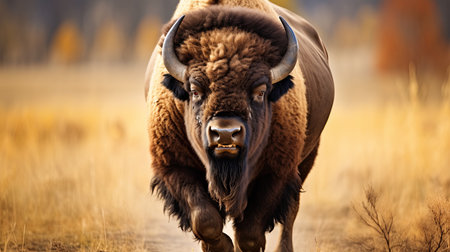 A large buffalo is seen walking down a dirt road in a rural landscape.の素材