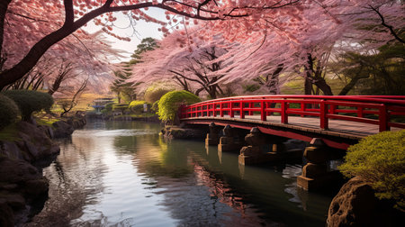 A striking red bridge stands gracefully over a peaceful body of water, framed by lush trees.の素材