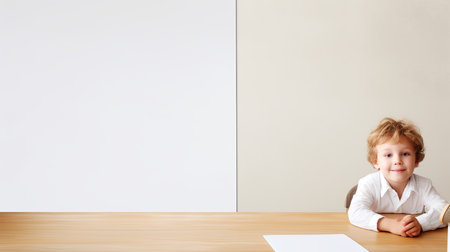 A young boy sitting at a table, engaged in an activity.の素材