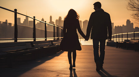 A man and a woman are seen walking hand in hand across a bridge.の素材