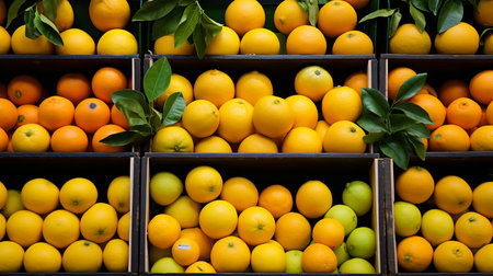 A bunch of oranges and lemons are neatly stacked on a shelf, creating a colorful display of citrus fruits.の素材