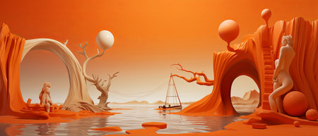 A mesmerizing painting that portrays a surreal landscape with vibrant orange and white hues, evoking an otherworldly ambiance.の素材