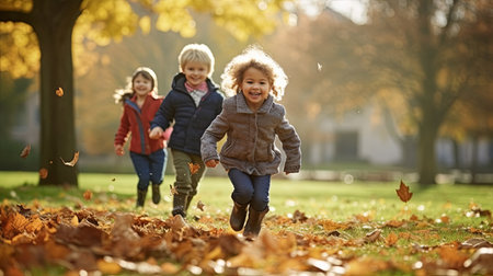Three children, clad in vibrant jackets, energetically run through a blanket of colorful leaves in a sun-drenched park, their laughter rippling through the air.の素材
