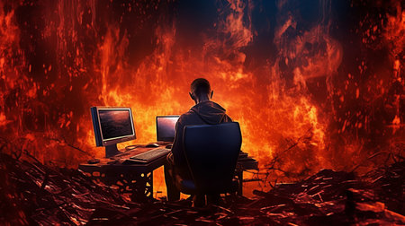 A focused man, surrounded by the vibrant glow of technological harmony, intently conducts the symphony of virtual creation on his computer at his desk.の素材