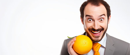 A professional man wearing a suit and tie, holding an orange in his hand.の素材