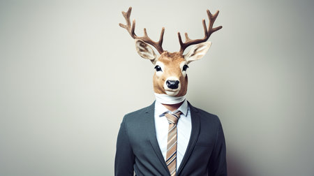 Funny deer mask on the head of a man in a business suitの素材