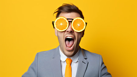 Funny young man with orange slices in glasses on yellow background.の素材