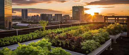 A breathtaking scene capturing the harmonious blend of a rooftop gardens lush greenery bathed in the captivating hues of a setting sun.の素材