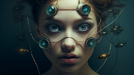 A photograph of a woman with striking blue eyes and a peculiar head shape.の素材