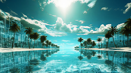 A tropical paradise captured in a single frame, showcasing the vibrant presence of awe-inspiring palm trees graciously swaying in the sea breeze while the suns radiant glow dances upon the glistening water.の素材