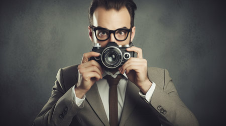 A man holds a camera up to his face as he prepares to capture the perfect shot.の素材