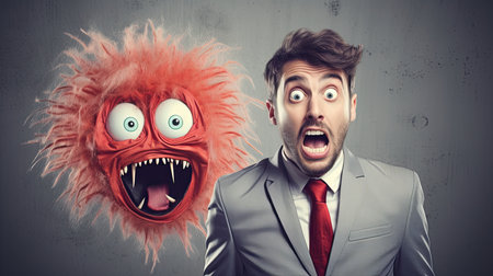 A man dressed in a formal suit and tie wears a monster mask on his head, creating an interesting and playful contrast.の素材