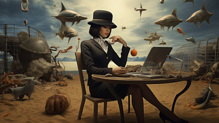 A woman is sitting at a table, using a laptop computer.の素材