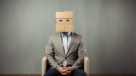 A man sits in a chair while wearing a cardboard box on his head.の素材