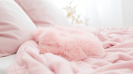 A bed with a pink comforter and pillows, creating a cozy and stylish atmosphere.の素材