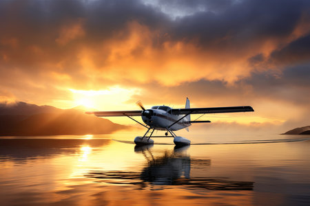 A small plane sits atop a calm body of water, creating an intriguing juxtaposition between air and water transportation.の素材