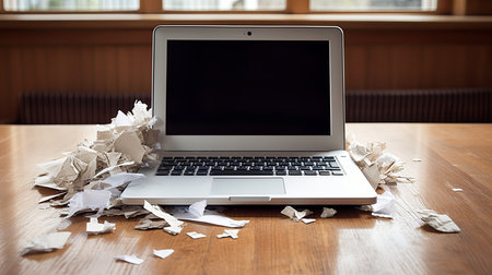 A laptop computer is placed on top of a wooden table in a well-lit room.の素材