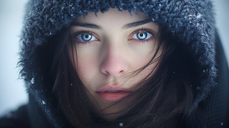 A photo of a woman with striking blue eyes, wearing a winter hat to keep warm.の素材