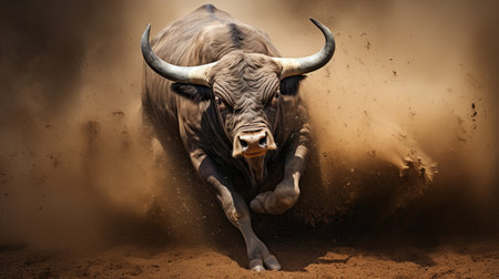 A bull with powerful strides runs energetically through the loose dirt in an open field.の素材