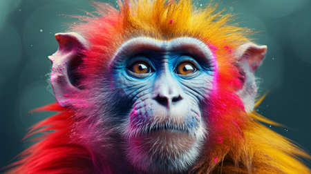 Portrait of a monkey with orange and red hair and blue eyes.の素材