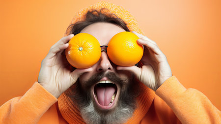 A man is holding two oranges up to his eyes, creating a playful and comical image.の素材