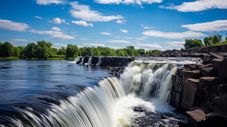 A large, powerful waterfall with water surging down and cascading off a rocky cliff.の素材