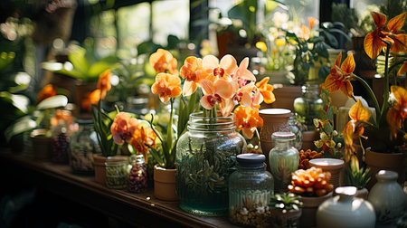 A table covered with numerous vases, each filled with an array of vibrant flowers.の素材