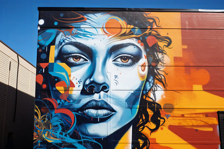 A colorful mural of a womans face painted on the side of a building, showcasing vibrant artwork in an urban setting.の素材