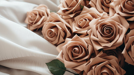 A bouquet of brown roses is placed on top of a white cloth, creating an elegant and contrasting display.の素材