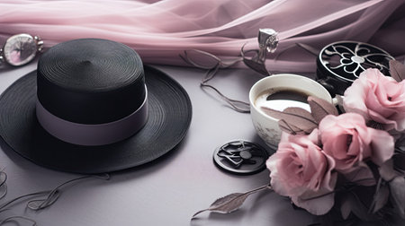 A photo of a black hat placed alongside some pink flowers on a table.の素材