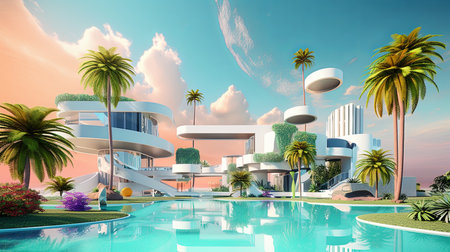 A sprawling swimming pool with crystal-clear water, enclosed by a lush oasis of towering palm trees.の素材