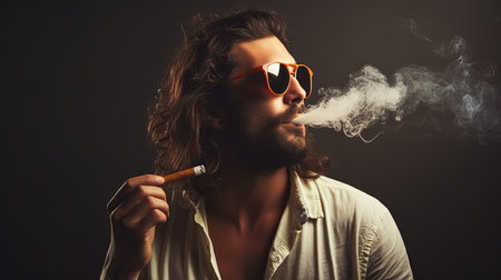 A man with long hair and sunglasses is captured smoking a cigarette in this candid photo.の素材