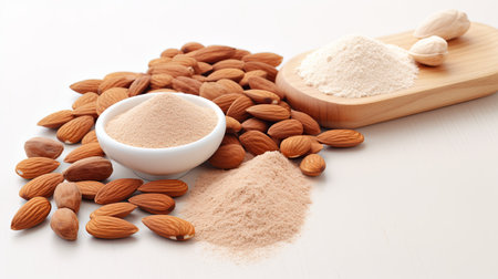 A photo showcasing a collection of almonds, almond powder, and a spoon placed on a clean white surface.の素材