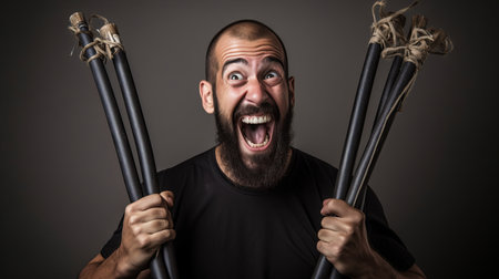 A man with a beard is seen holding two sticks in his hands.の素材