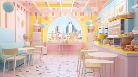 This photo showcases a spacious room filled with a multitude of tables and chairs, providing ample seating options.の素材