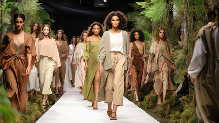 A group of women confidently strut their way down a runway, showcasing their style and grace.の素材