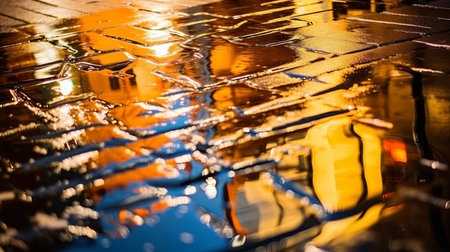 In this photo, a yellow umbrella is seen in the background while a puddle of water is in the foreground.の素材